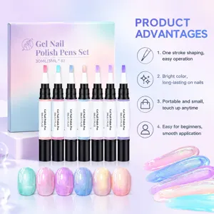 Six pearl-effect nail polish pens arranged beside glossy color swatches on a pastel display.