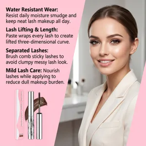 Diseño promocional rosa con modelo sonriente, tubos y texto sobre curvatura y cuidado de pestañas.