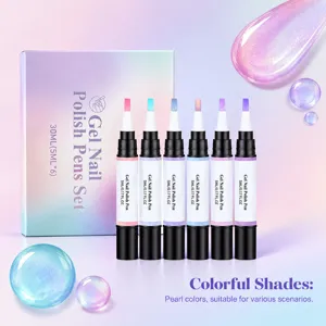 Six pearl-color nail polish pens arranged beside their box against a soft pink-blue gradient