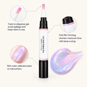 Multi-angle detail of a pink brush tip, twist pen, and iridescent lavender glitter gel swatch