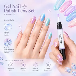 Close-up of pearlescent blue, pink and purple nails beside a gel polish pen on a pastel display