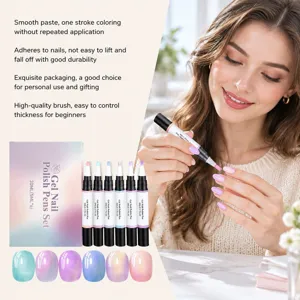 A woman applies pastel gel polish with a pen beside a six-piece set and color swatches