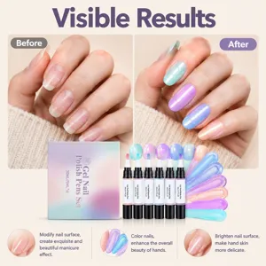 Six-piece gel nail polish pen set in pearlescent pastel shades, shown with before-and-after nails