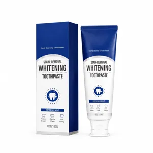 Blue and white mint whitening toothpaste box and tube displayed together on a white background