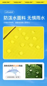 Close-up of yellow textured fabric beading water, with droplets and a resistance test inset