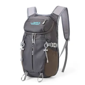 Gray outdoor hiking backpack with breathable mesh padding, drawstring details and side buckles