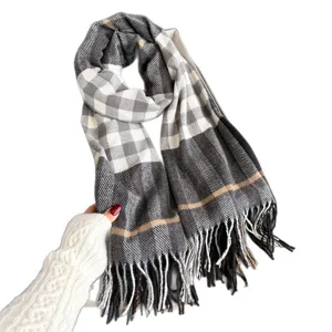Écharpe d’hiver à carreaux gris et beige, longues franges, présentée sur fond blanc
