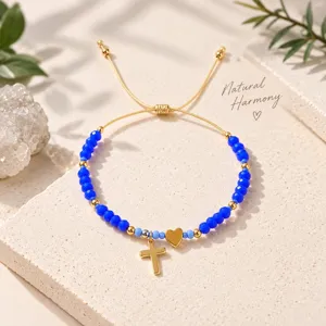 Braccialetto Boho con Perline da Donna Pendente a Croce e Cuore Regolabile in Materiale Misto Gioielli Stile Religioso per Regalo