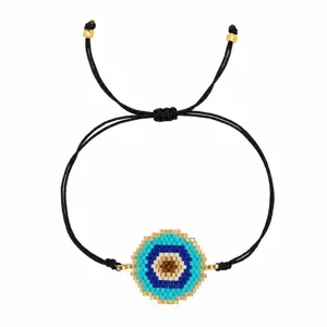 Pulsera de cuentas con motivo de ojo hexagonal azul y dorado y cordón negro ajustable