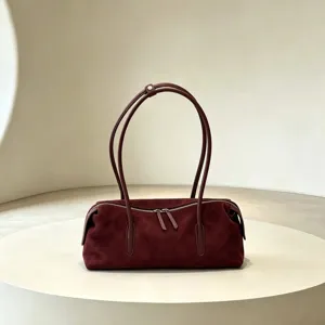Retro Genuine Leather Frosted Top Layer Cowhide Bowling Bag For Women Commuter Underarm Shoulder Bag Vintage Handbag