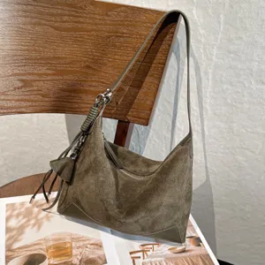Women Vintage Suede Real Leather Shoulder Bag Large Capacity Crossbody Tote Bag Underarm Hobo Bag For Daily Commuter Lady