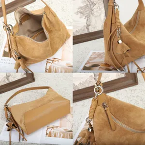 Four-panel detail of a tan suede bag showing its interior, flat base, side, zipper and metal charm