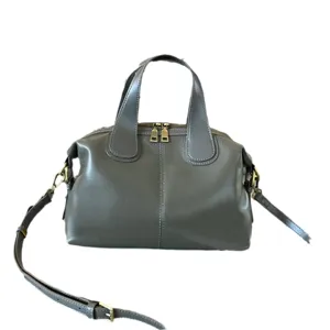 Vintage gray-green genuine leather Boston handbag with top handles, zip closure and adjustable strap