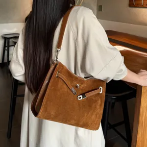 Vintage Frosted Cowhide Leather Underarm Bag For Women Retro Genuine Leather Shoulder Bag With Lock Commuter Solid Color Crossbody Bag