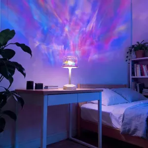 Pilzförmige Wellen-Nachtleuchte projiziert blaue und rosafarbene Lichtwellen im Schlafzimmer