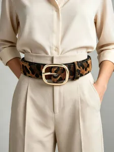 Close-up of a leopard-print belt with a gold oval buckle worn over a beige shirt and trousers.