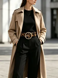 Street-style view highlighting a leopard-print belt with a gold round buckle over black trousers