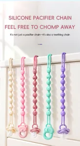 Five colorful silicone chains hang from a white rail, with pacifiers and teething toys at the ends