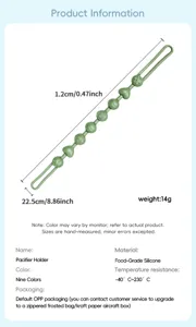 Product information graphic showing a green silicone pacifier clip with dimensions and weight