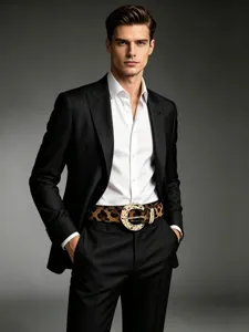 Model in a black suit and white shirt, highlighting a leopard-print belt with a gold buckle