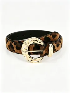 Leopard-print belt on white, with gold-tone textured buckle, keeper, and adjustment holes