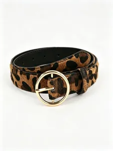 Coiled leopard-print belt showing textured brown surface, black lining and round gold-tone buckle