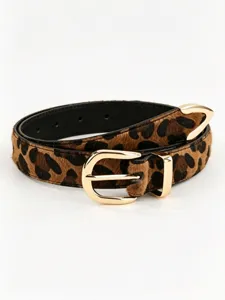 Leopard-print belt laid flat, showing its textured surface, black lining, and gold-tone buckle