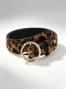 Curled leopard-print belt with a gold circular buckle and smooth black leather backing