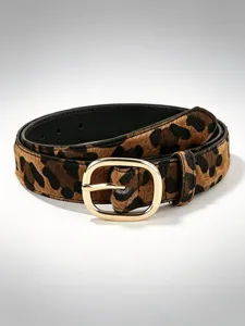 Coiled leopard-print belt with a textured brown surface, gold-tone buckle and black inner lining