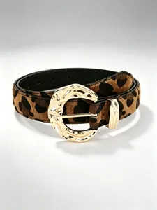 Leopard-print belt loop with a sculpted gold-tone buckle and adjustable black inner strap