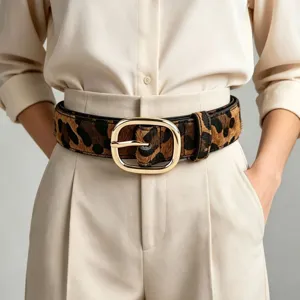 Vintage Leopard Print Belt For Women PU Leather Faux Horse Hair Animal Pattern Alloy Pin Buckle Dress Waist Belt Fashion Accessory