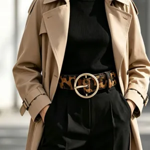Women's leopard-print PU belt with a gold round buckle, styled at the waist over black trousers
