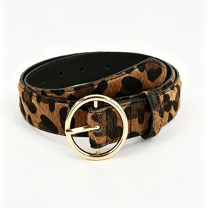 Women's leopard-print faux pony hair belt with a gold-tone round pin buckle, coiled on white