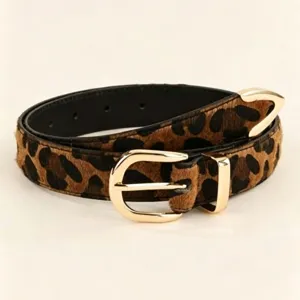 Women's leopard-print faux-hair belt with a gold-tone buckle, shown coiled on a light background