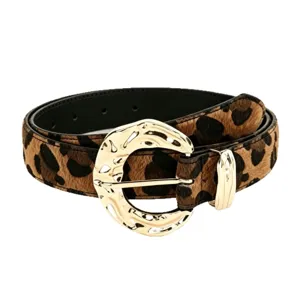 Leopard-print women's belt with faux-horsehair texture and gold-tone buckle, coiled on white