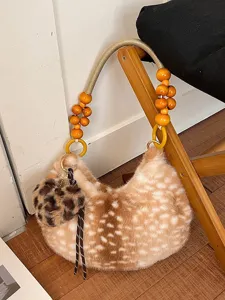Borsa Sottobraccio Vintage in Ecopelliccia da Donna con Motivo a Macchie di Cervo Borsa a Tracolla con Manico in Grani di Legno Trendy Borsa in Peluche