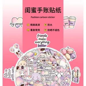 Colorful best-friend stickers with hearts, coffee cups and flowers arranged on a pink background