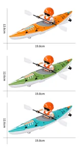 Three kayak toys in orange, green and turquoise, each with a seated paddler and 19.8 cm size labels