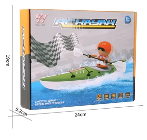 Retail box showing an RC kayak toy, age 6+ label, and package dimensions of 24 × 19 × 5.2 cm