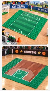 Two miniature court scenes show green studded building plates with football and basketball markings.
