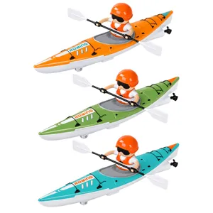 Children's rowing kayak toys in orange, green and turquoise, with figures and twin-blade oars