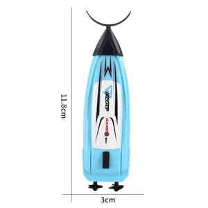 Blue plastic electric remote-control toy speedboat, shown from above with twin propellers