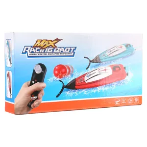 Children's 2.4G remote control speedboat toy set shown on its box, with red and blue boats