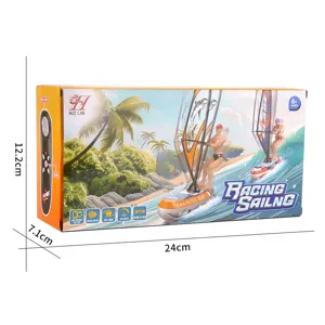 Mini-RC-Rennsegelboot als Spielzeug im bunten Karton mit Fernsteuerung und tropischem Strandmotiv