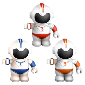 Three astronaut action figures in white suits with black visors and red, blue, and orange accents