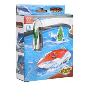 Children's remote-control toy speedboat shown on colorful packaging with red and green boat designs
