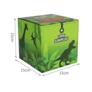 Grüne Überraschungsbox mit Dinosaurier-Dschungelmotiv, würfelförmige Papierverpackung in Ansicht