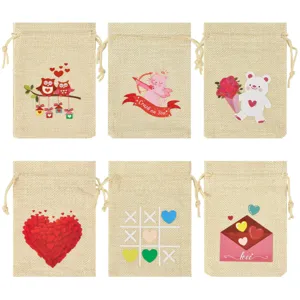 Sacs Cadeaux en Lin à Cordon Saint-Valentin Motif Cœur Articles de Fête Décoration de Mariage Pochettes en Jute