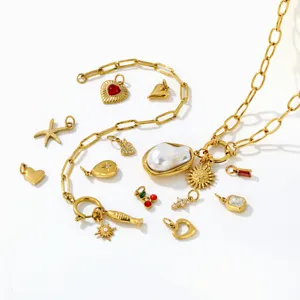 Colgante de Acero Inoxidable Chapado en Oro Corazón Cereza Estrella de Mar Sol Accesorios de Collar Diamantes de Imitación Perla Artificial Pequeños Dijes para la Fabricación de Joyas Mujer Joyería de Moda