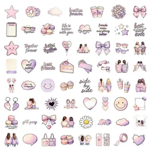 Flat lay of pastel pink and purple stickers featuring bows, hearts, sweets, friends and phrases